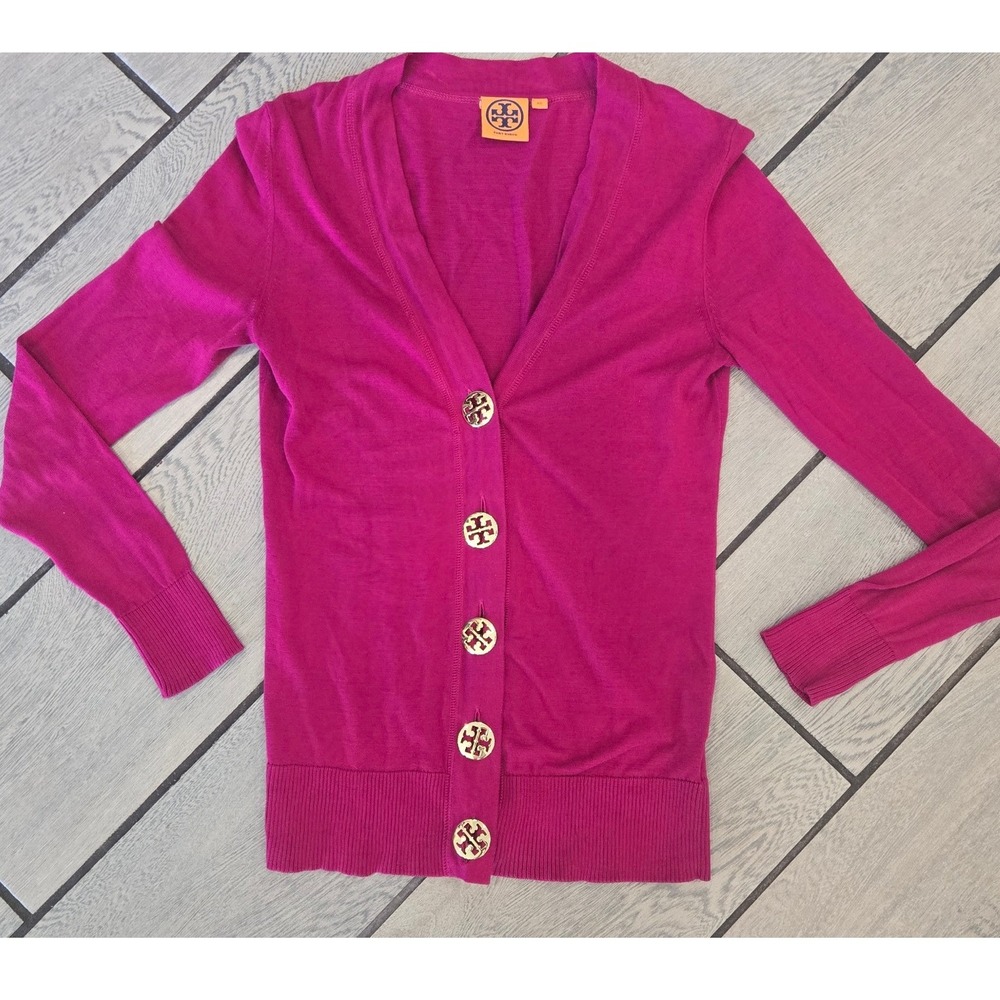 Tory Burch Simone Cardigan Magenta Pink Cotton Gold Logo Button Sweater XS